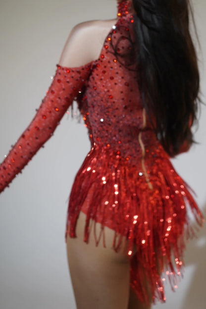 Red Dance leotard Sexy stage Performance  Rhinestone Tassel Jazz Dance Show Leotard Spandex Long Sleeved Bodysuit