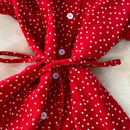 Summer Women Polka Dot Long Dress Vintage V-Neck Flying Sleeve High Waist Single Breasted A-Line Casual Vestidos Female Robe New