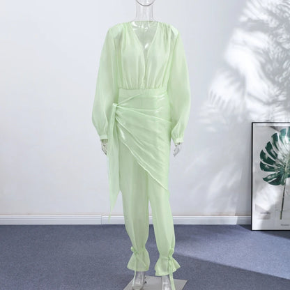 Sexy See Through Women's Jumpsuit V-Neck Long Lantern Sleeve Lace-Up Scarf Lady Rompers 2026 Summer Autumn Female Wear New