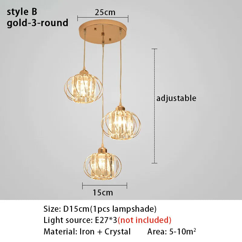 Crystal LED Pendant Lights For Dining Room Living Room Nordic Black Iron Shade 1/3 Lights Kitchen Decor Hanging Ceiling Lamp