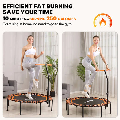 50" Fitness Trampoline Quiet Adult Mini with T-Bar Handle Silent Elastic Ropes