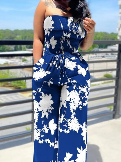 Women's Sexy Strapless One Piece Printed Pants Summer Fashion Lace Up High Waisted Slim Sleeveless Female Beach Holiday Jumpsuit