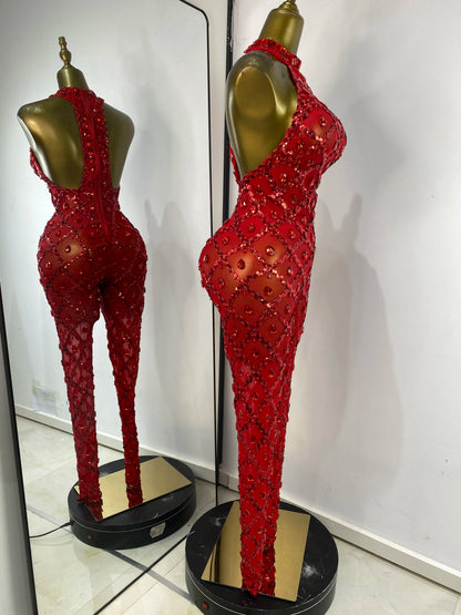 Women Rhinestones Sequines Mesh Bodycon Jumpsuits Sexy Special Occassion Nightclub DJ Dancer Stage Costumes Evening Club Dress