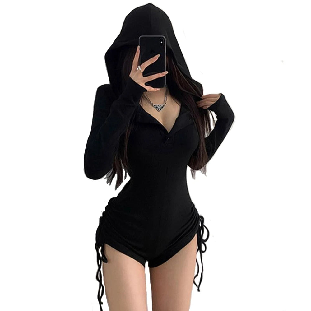 Women's Jumpsuits Y2k Shorts Playsuits 90s Vintage Slim Casual Sexy Bodysuits Long Sleeves Aesthetic Punk Korea Hooded With Hat