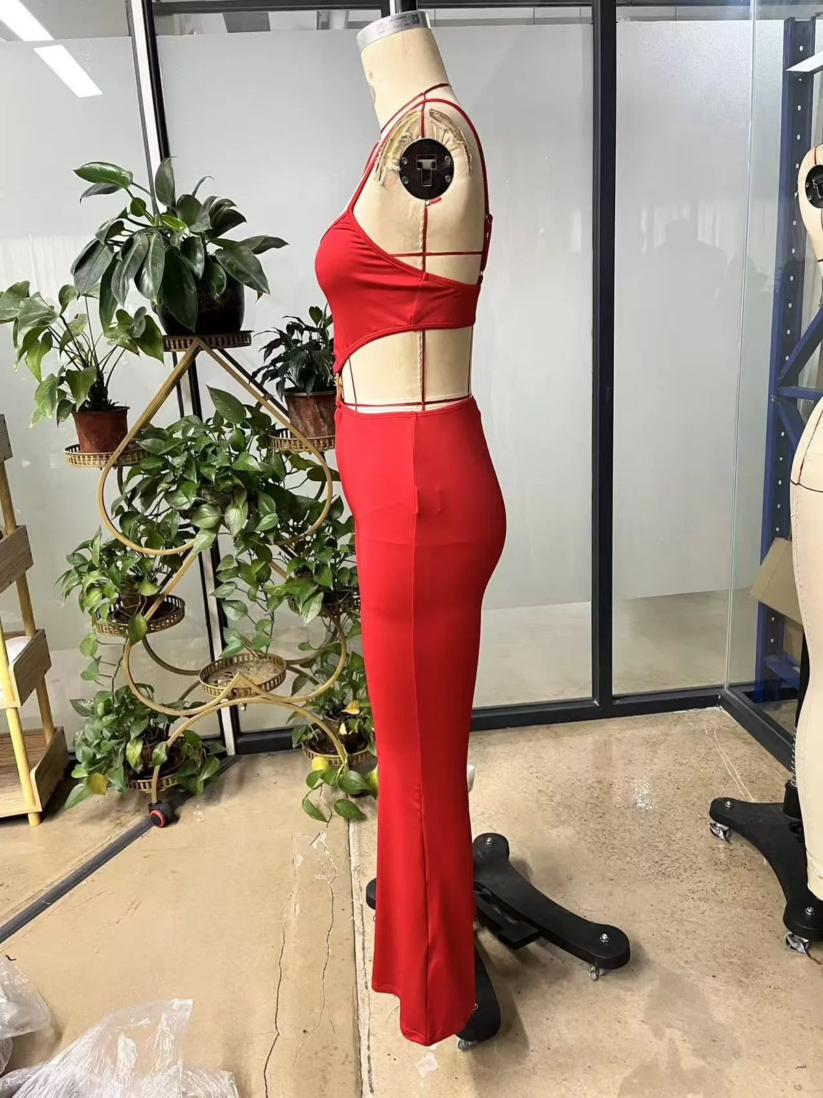 Summer Woman Jumpsuit Red Backless Jumpsuits High Waist Flared Leg Women's Elegant Romper Black Cut Out Waist Long Jumpsuit