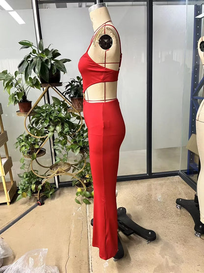 Summer Woman Jumpsuit Red Backless Jumpsuits High Waist Flared Leg Women's Elegant Romper Black Cut Out Waist Long Jumpsuit