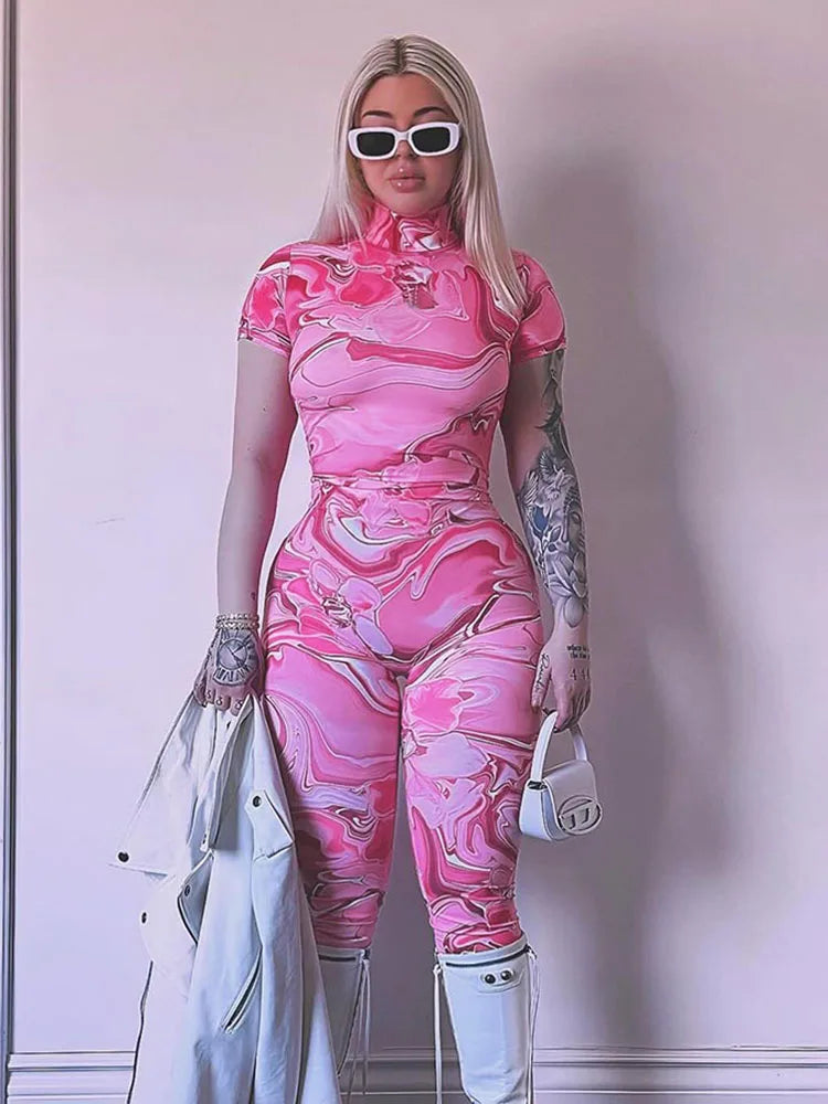 kliou Sexy Printed Women Jumpsuits Fashion New Back Hollow Full Sleeve Stand Collar Slim Overalls Female Midnight Party Clubwear