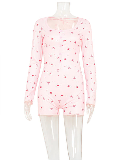 CNYISHE Bow Printed Button Square Collar Tompers Sheath Women Playsuits Fashion Long Sleeve House Pajams Female Jumpsuits Casual