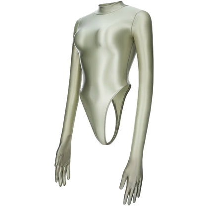 Women Sexy Japanese Onepiece High Cut T-shaped Quickdry Swimwear Longsleeve High Neck Thong Tight Bodysuit Leotards Bathing Suit