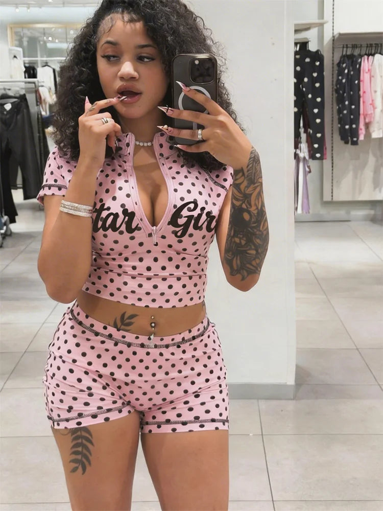Kliou Polka Dot Print 2 Piece Set Woman Zip Turtleneck Short Sleeve Crop Tops+Skinny Shorts Street Sexy Fashion Style Outfits