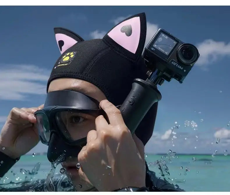 Cool Cute Cat Ears Diving Hood 3mm Neoprene Women Snorkel Scuba Cap w/ Adjustable Chin Strap,Thermal for Surfing & Water Sports