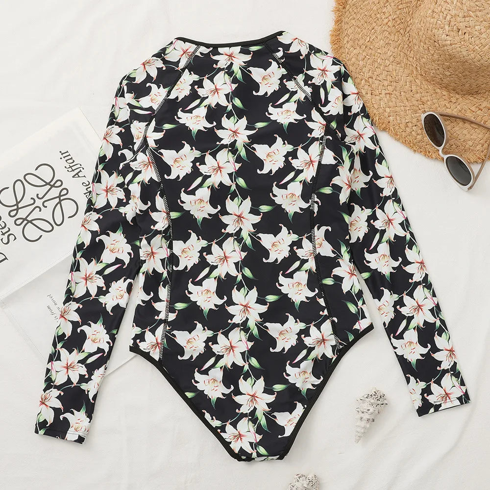 2026 Surfing Sport Swimsuit Long Sleeves Women One Piece Swimsuit  Swimwear Solid Monokini Bathing Suit Tropical Bodysuit Female