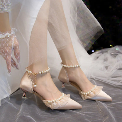 Elegant Pearl Weddings Bridal Pumps for Women 2026 Summer Silk Ankle Straps High Heels Shoes Woman Pointed Toe Dress White Shoes