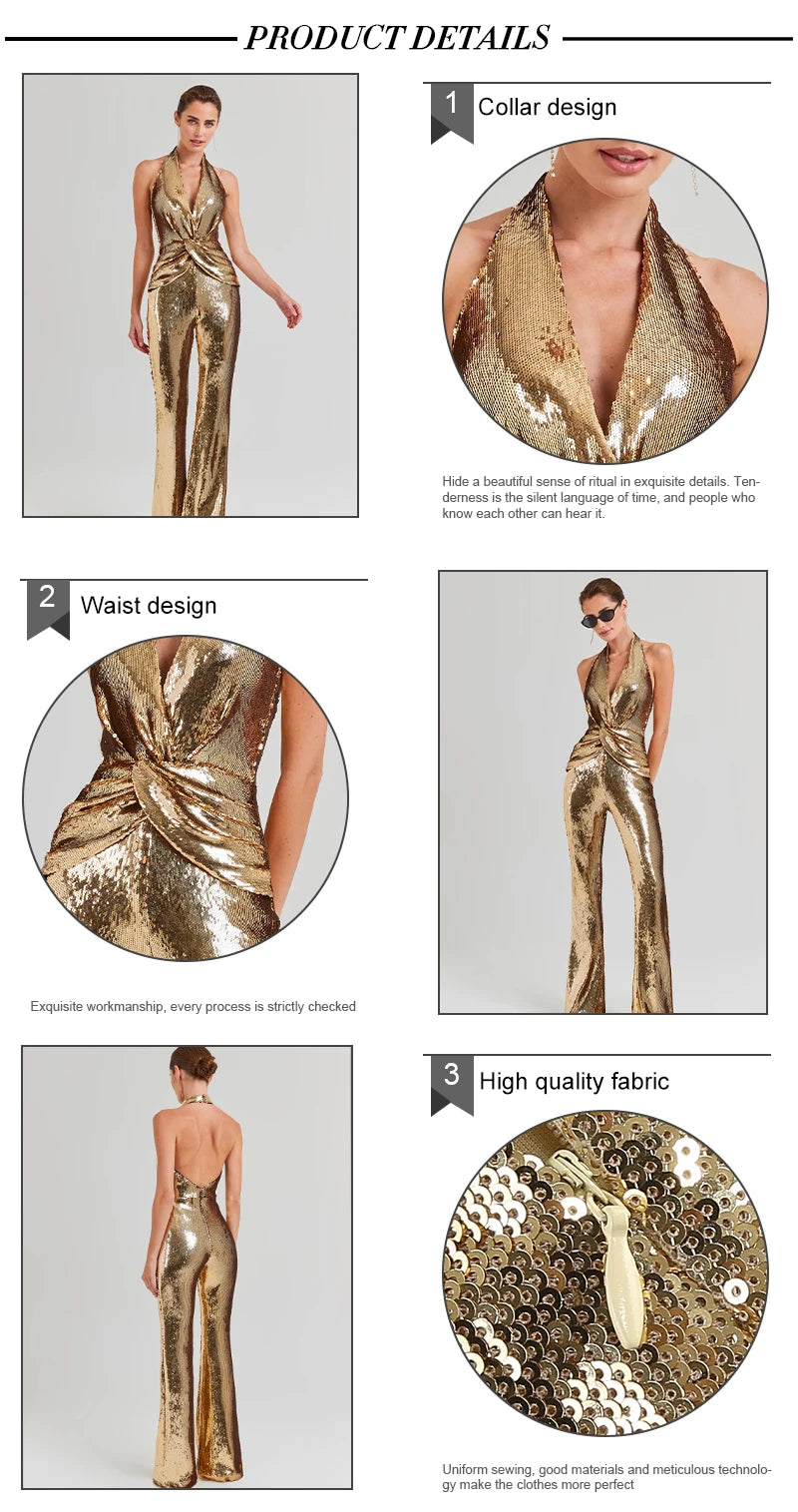 VC Gold Elegant Jumpsuits For Woman Luxury Brown Sequins Design Fashion Party Sexy Backless Sleeveless One Piece Female Clothing
