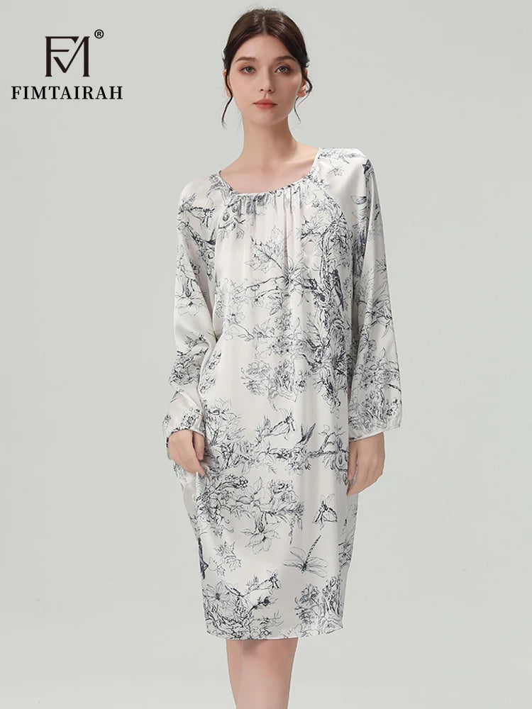 FIMTAIRAH 6A 19MM Silk Nightgown, long pajamas, long-sleeved silk high-end round-neck home wear Dress Night