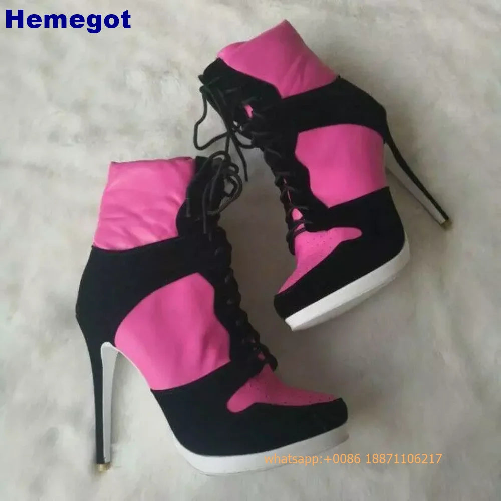 Sports Lace Up Women's Short Boots 2024 Thick Sole Round Toe Mixed Color Stilettos Autumn Winter New Street Style Casual Rock Bo
