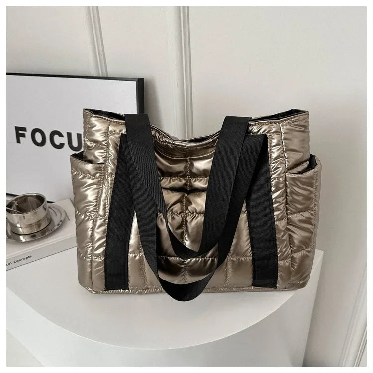 Space Padded Women Shoulder Bags For Winter 2025 Large Capacity Black Handbags Designer Nylon Cotton Warm Tote Solid