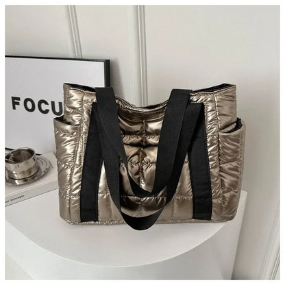 Space Padded Women Shoulder Bags For Winter 2025 Large Capacity Black Handbags Designer Nylon Cotton Warm Tote Solid