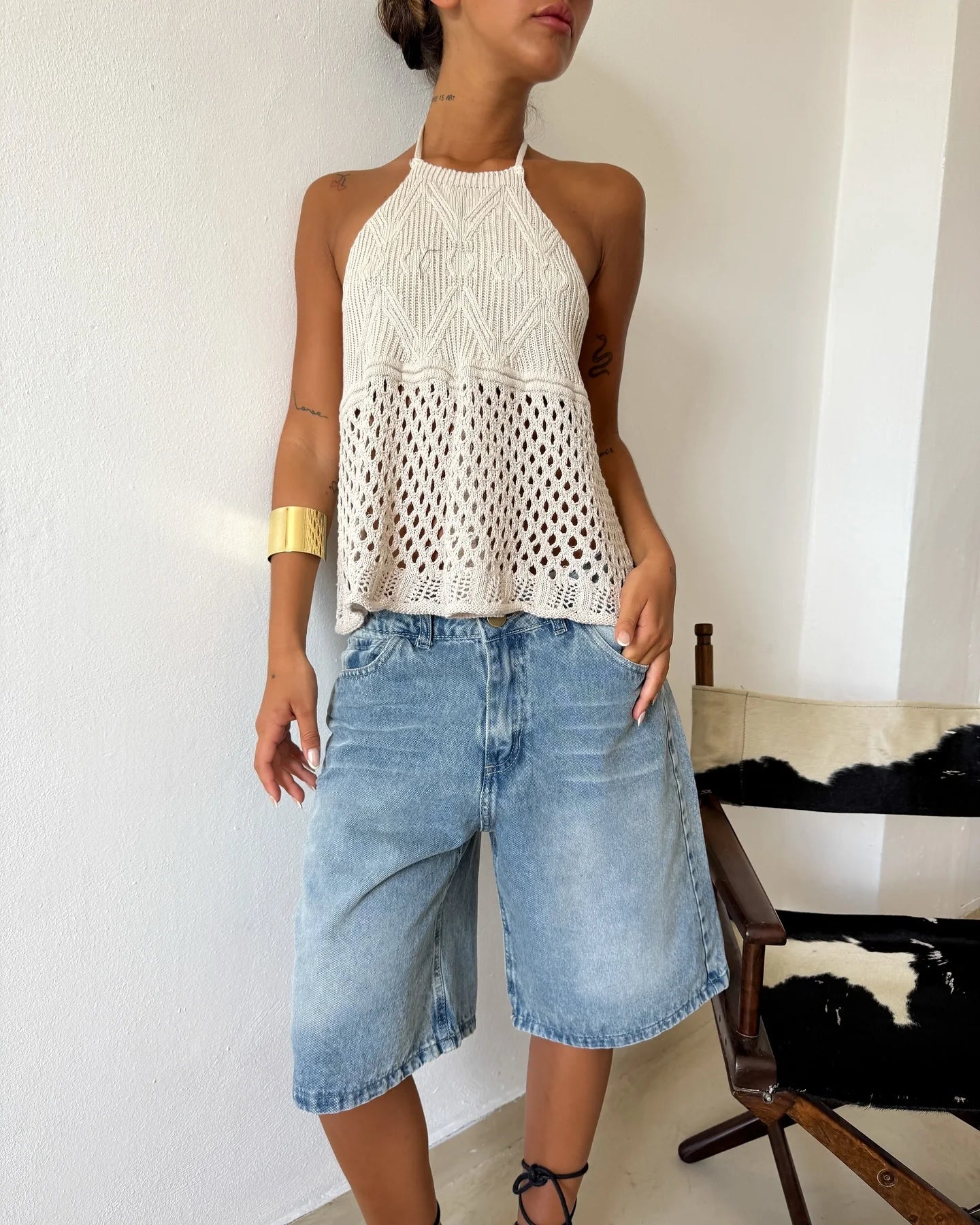 2026 New Style Women's Sleeveless  Knitted Halter Top, with Open Slit and Crochet Mesh Geometric Texture Sleeveless Draping Loose Top, Shipped from American Warehouse, Fast Delivery, Bohemian Style for Spring and Summer Outfi