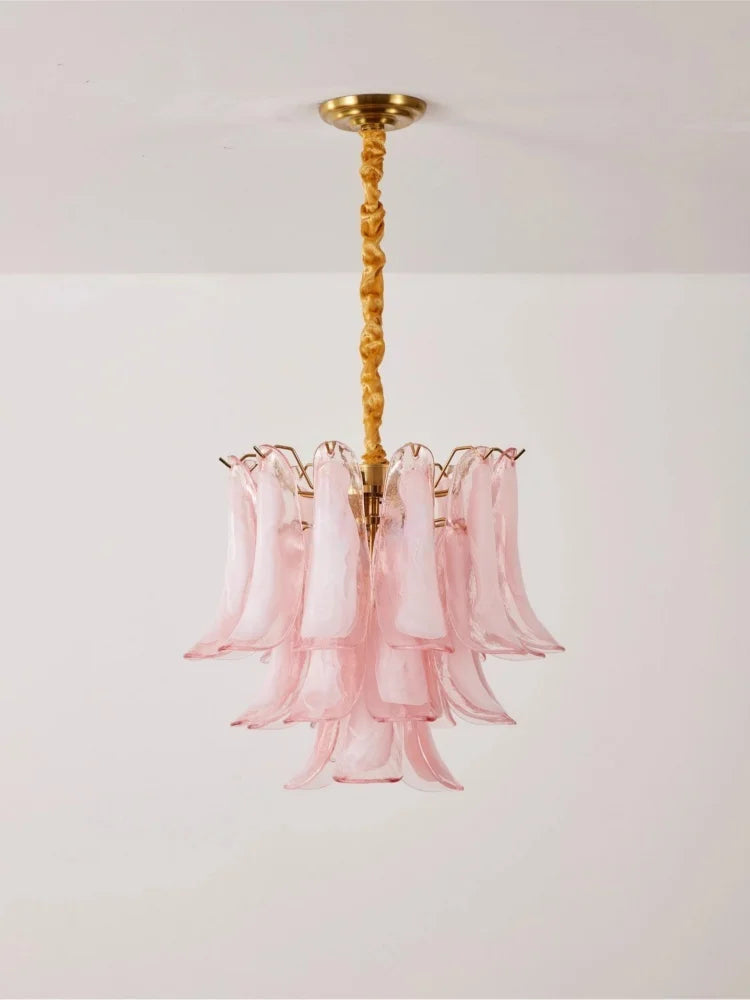 French Murano Petal Glass Chandelier Dining Table Living Room Antique Style Pink Petal Glass Pendant Chandelier Lights Bedroom
