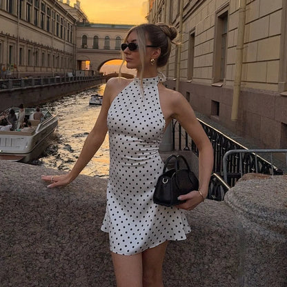 Elegant Off-Shoulder Polka Dot Mini Dress Women's Sleeveless Backless High Waist Y2K Summer Fashion Club Party Gown
