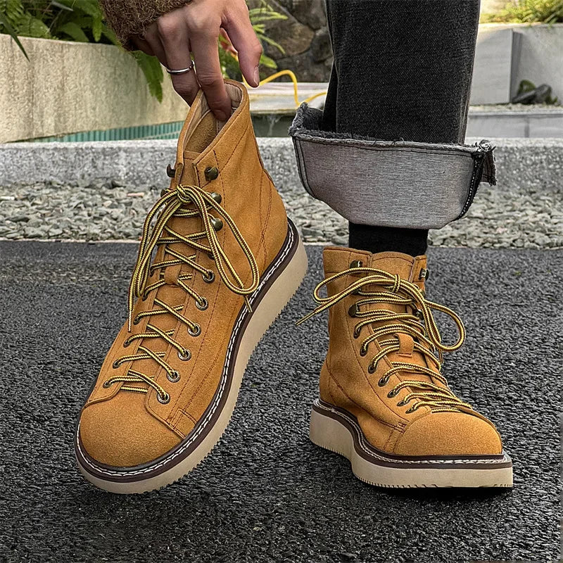 New High Quality Handmad Men Luxury Real Cow Suede Leather Shoes Tooling Ankle Boots Desert Platform Boots Work Motorcycle Boots