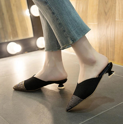 Elegant Medium Heel Women's Mules Shoes Women Designer Rhinestone Luxury Party Slippers Summer New 2025 Sandals Fashion Slipper