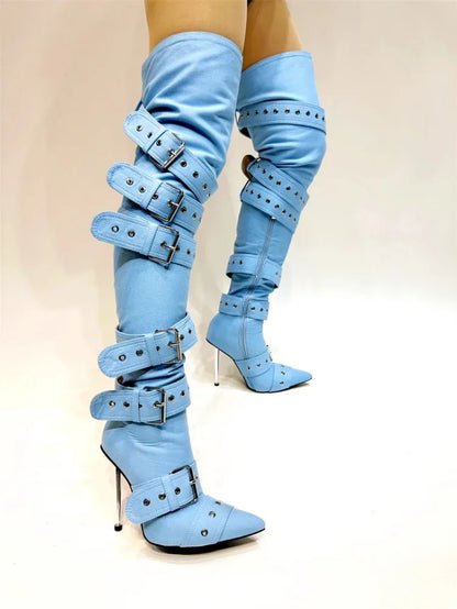 New Women Denim Metal Rivet Buckle Sandals Women Sexy Punk Style Pointed Hollow Metal 11cm High Heel Knee High Boots Size34-43