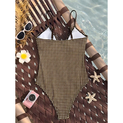 S - XL One Piece Swimsuit Female Frilled High Leg Cut Padded Bather Bathing Suit Swim Striped Plaid V Neck Women Swimwear V8288