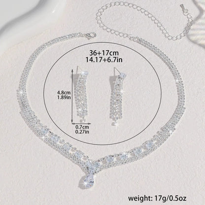 Ladies' Fashionable Silver-Plated And Diamond-Encrusted Metal Necklace, Earrings Set, Bride'S Wedding Attire And Accessories
