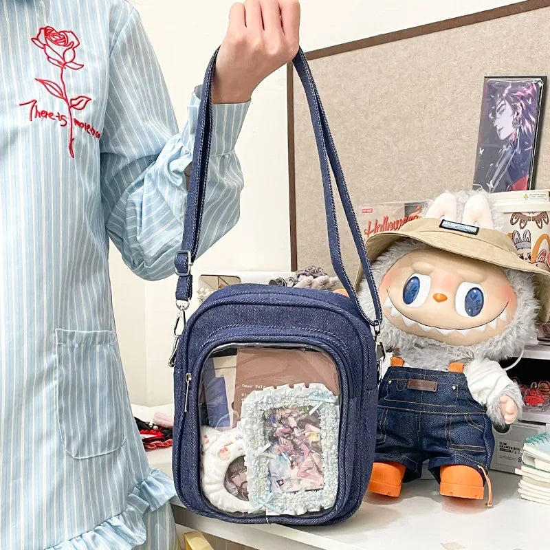 New Denim Ulzzang Ita Bags Female Transparent Badge Doll Show Crossbody Shoulder Bag Individuality Designer 2 Sides Bolso Mujer