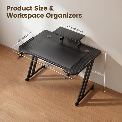 FRODROVIA Gaming Desk with APP RGB LED Lights, Carbon Fiber Surface Gaming Computer Desk with Removable Monitor Riser, Cup Holder & Headphone Hook, Screw‑Type Adjustable Leveling Feet for Gaming Room Home Office
