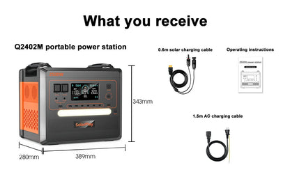 SOLARPLAY Q2402M Portable Energy Storage Power Station 2500W 2304Wh LiFePO4 Battery Support Foldable Solar Panel Charging Multi AC Output for Camping RV Home Off-Grid Power Supply