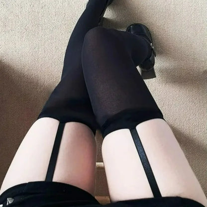 2026 Women Suspender Wide-banded Velvet Tights Lolita Thigh High Stockings with Cross Y2K JK Cosplay Over The Knee Sockings
