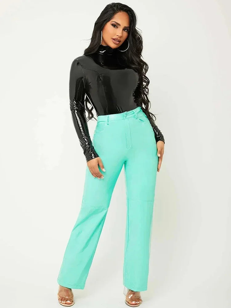 High Neck Faux Latex Bodysuit Long Sleeve Women Sexy Bodycon PVC Jumpsuits Ladies Stretchy PU Leather Rompers Clubwear Custom