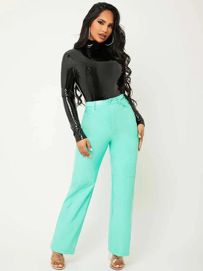 High Neck Faux Latex Bodysuit Long Sleeve Women Sexy Bodycon PVC Jumpsuits Ladies Stretchy PU Leather Rompers Clubwear Custom