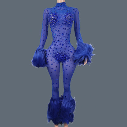 Shiny Crystals Pink Mesh Jumpsuit Sexy Feather Designe Birthday Jumpsuit Club Singer Event Performance Costume Stage Wear Guibin