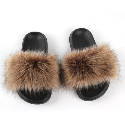 Women's Summer Faux Fur Fox Fur Slippers Fashion Luxury Indoor and Outdoor Non-Slip Solid Color Flat Bottom Furry Sandals