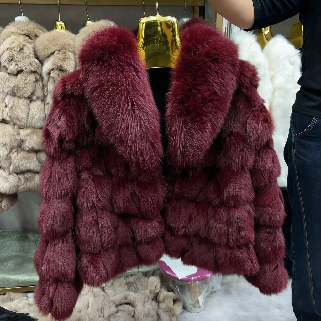 HUA QIU MEI SI Women's Natural Fox Fur Jacket with Fox Collar for Winter Warmth, Short Style Real Fox Fur Leather Jacket