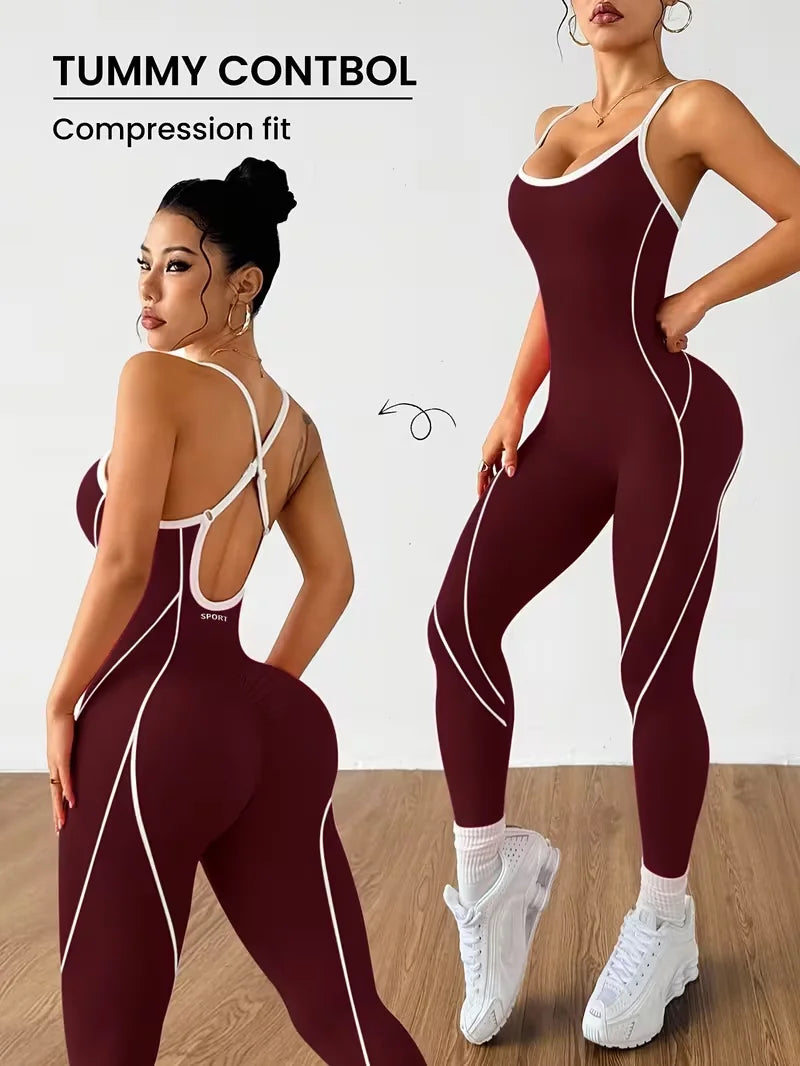 Women Contrast Piping Yoga Jumpsuit Thin Strap Open Back One Piece Workout Bodysuit High Elastic Slim Fitness Gym Sports Rompers