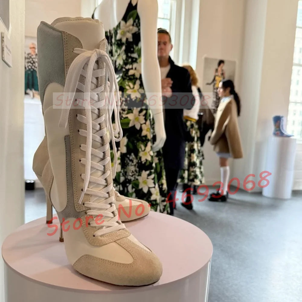 Grey White Splicing Suede Sneaker Boots Women Chic Round Toe Mixed Color High Heels Shoes Women Newest Lace Up Party Ankle Boots