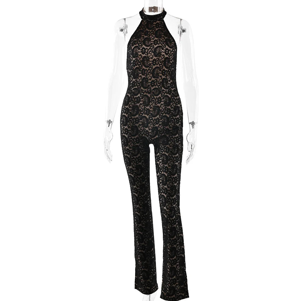 Spring Autumn Lace Jumpsuit Women Sexy Halter Backless Slim Stretchy Wide Legs Trousers Full Length Rompers Female 64036
