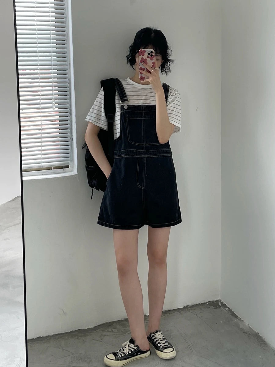 Women's Denim Overalls Short Trousers Wide Leg Loose Fit Thin Jumpsuit Korean Style for Petite Ladies Casual Clothing