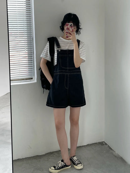 Women's Denim Overalls Short Trousers Wide Leg Loose Fit Thin Jumpsuit Korean Style for Petite Ladies Casual Clothing