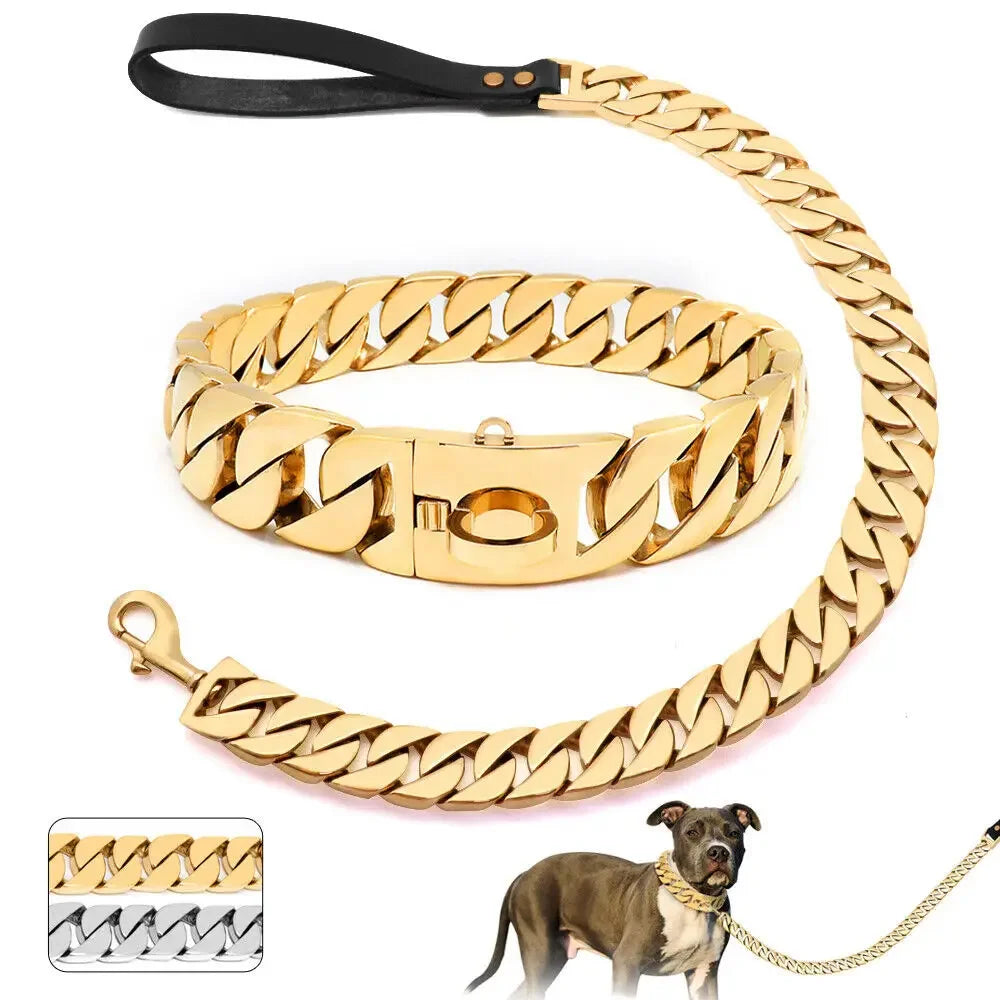 Traction Solid Super Strong Gold Collar Stainles Steel Dog Leash Pet Lead Chain 32mm 19mm Bulldog Pitbull Large Dog Collar Leash