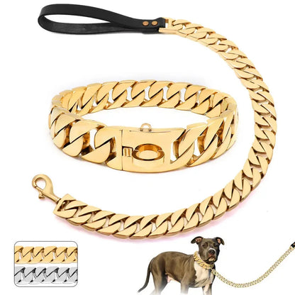 Traction Solid Super Strong Gold Collar Stainles Steel Dog Leash Pet Lead Chain 32mm 19mm Bulldog Pitbull Large Dog Collar Leash