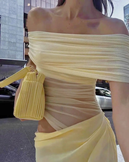 MsChuh Summer Party Dresses For Woman One-shoulder Long Evening Dress Sexy Holiday French Vestidos Solid Color Temperament Slim