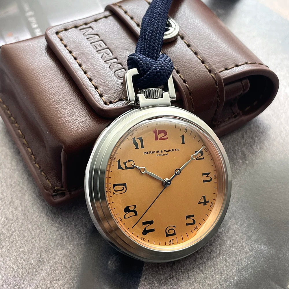 Merkur Vintage Pocket Watch Salmon Dial Men's Manual Mechanical Watch 42mm NEW Waterproof