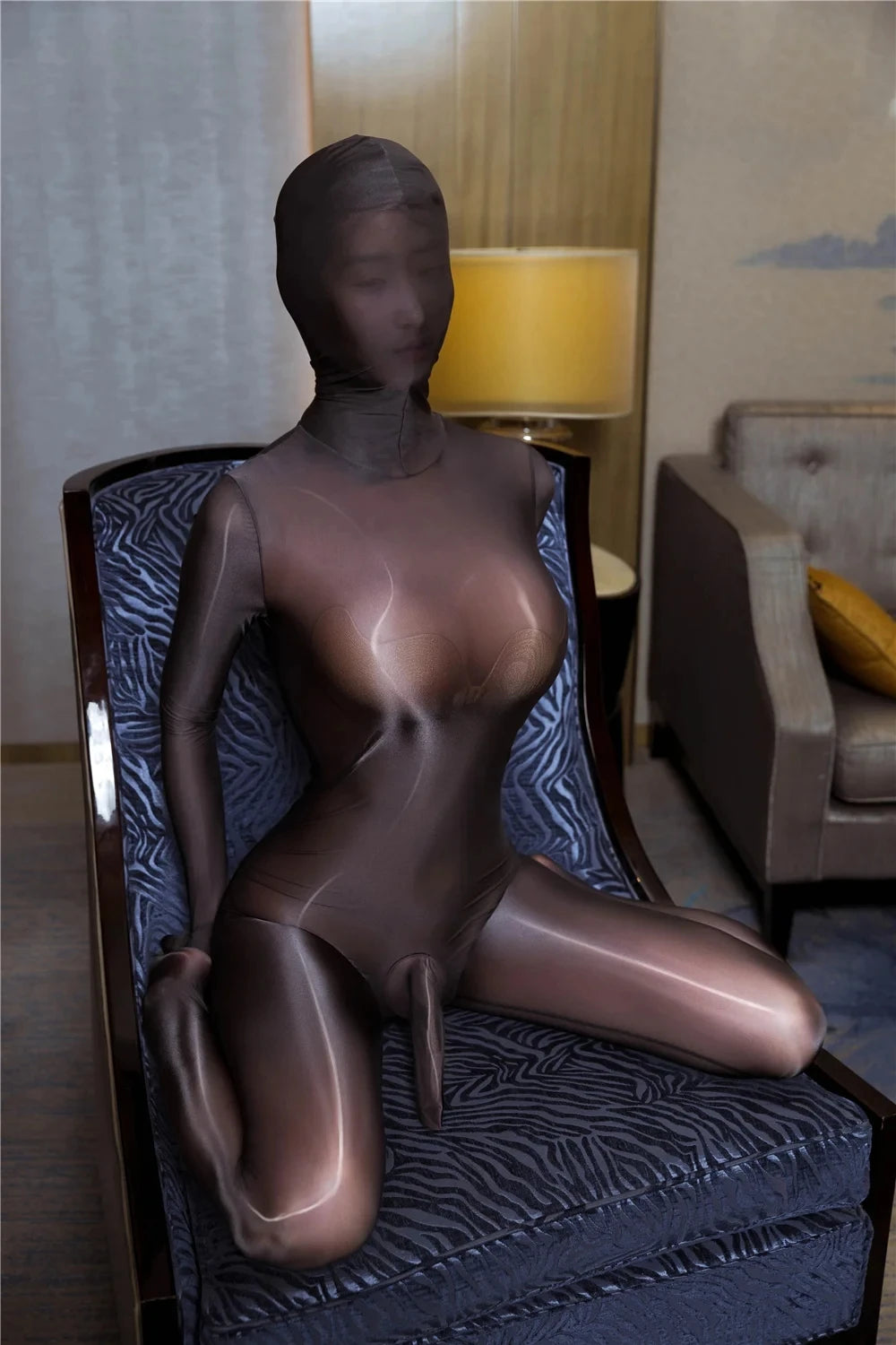 Zipper Open Full Body Catsuit with JJ Pouch Thin Sheath Transparent Body-stocking Unisex Sheer Bodysuit Sexy Lingerie Jumpsuit