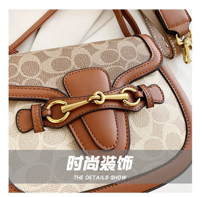 Women Retro Print Saddle Crossbody Bag Luxury Horse Bit Buckle Small Shoulder Bag Fashion PU Leather Ladies Daily Handbag